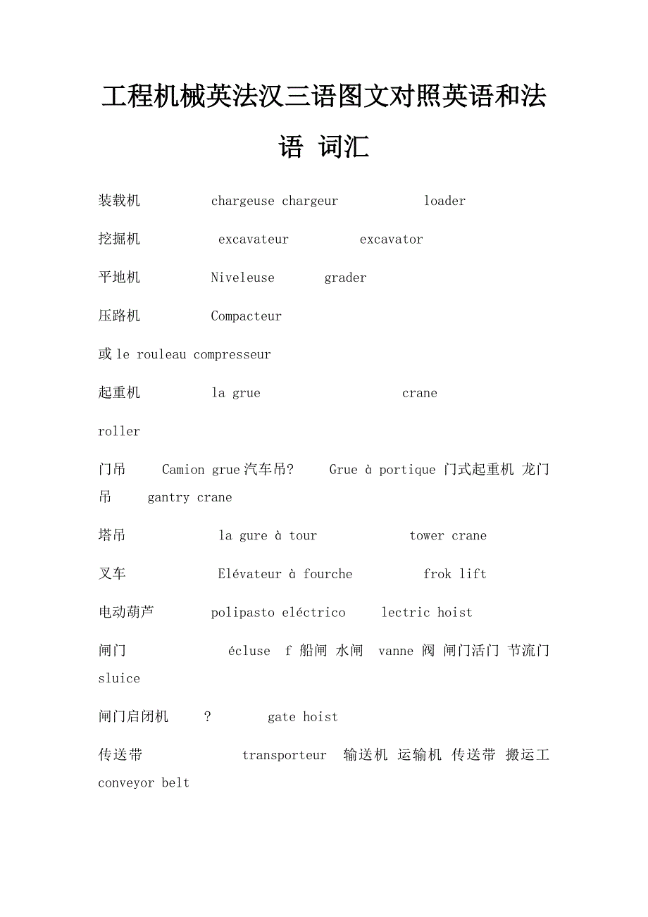 工程机械英法汉三语图文对照英语和法语 词汇_第1页