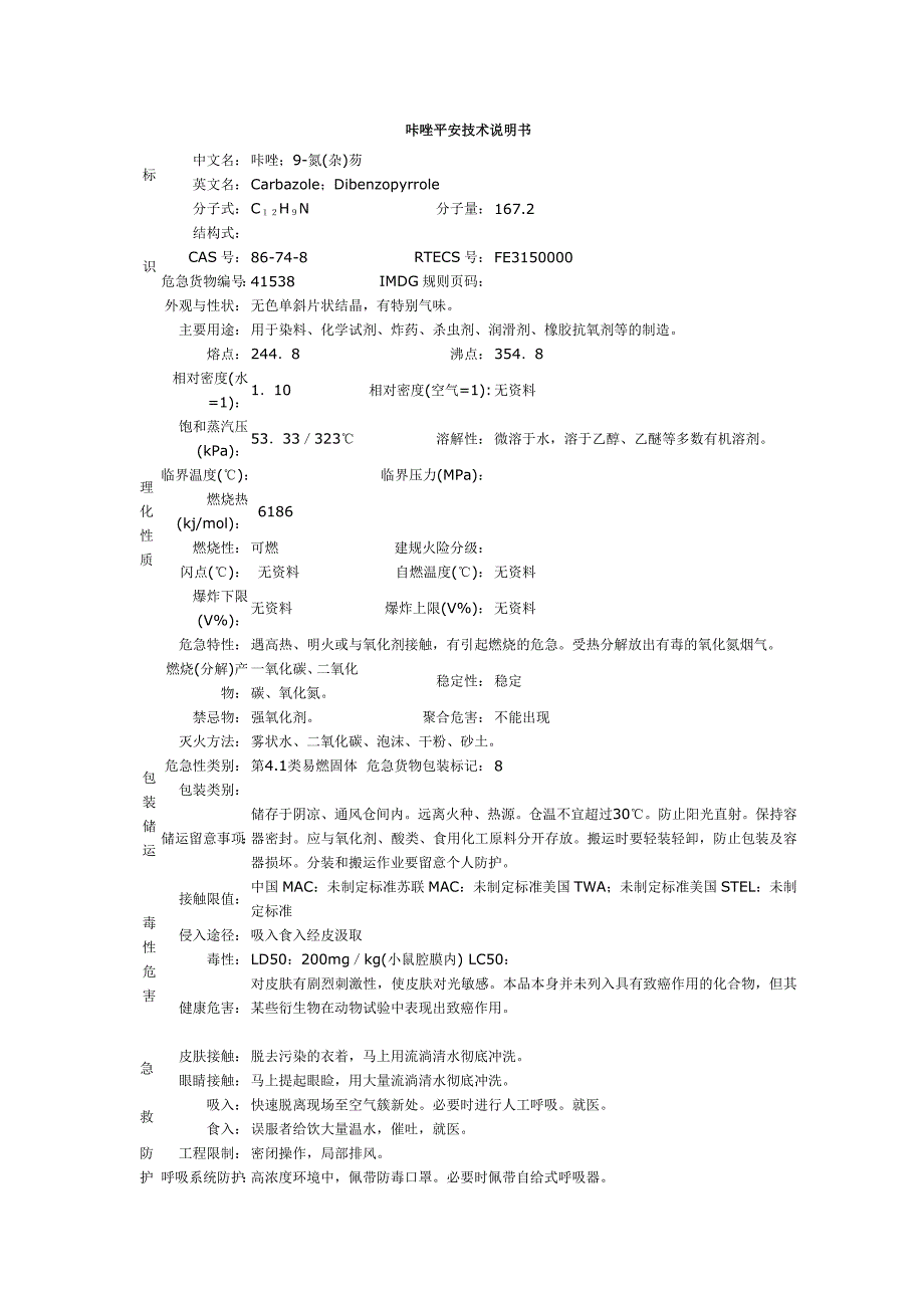 精蒽、咔唑安全技术说明书_第1页