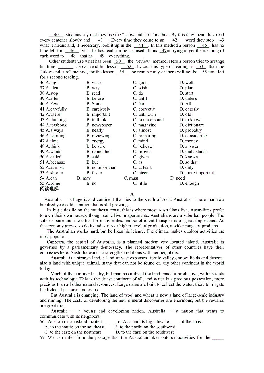 人教版高三英语选修 选修9 unit3 Australia单元测试（附答案）.doc_第2页
