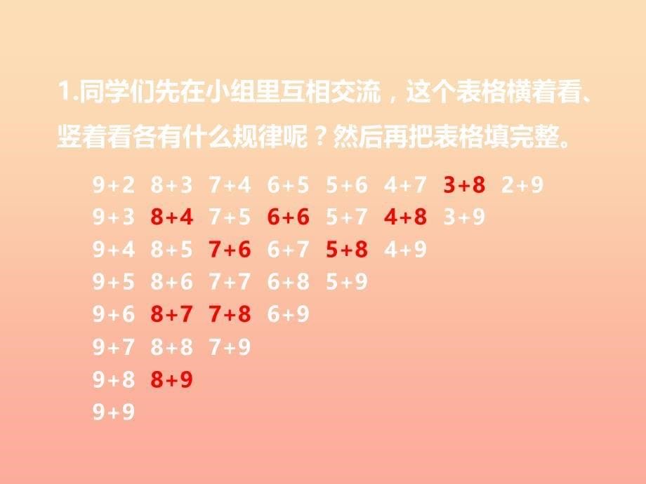 2019秋一年级数学上册 第五单元 20以内数的进位加法（第8课时）整理与复习课件2 西师大版.ppt_第5页