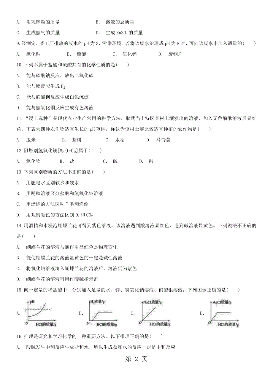 2023年九年级人教版化学单元练习卷第十单元 酸和碱.docx_第2页