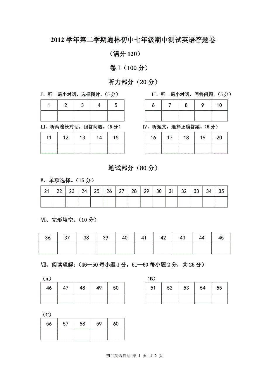 七年级下英语期中测试答题卷(20134)_第1页