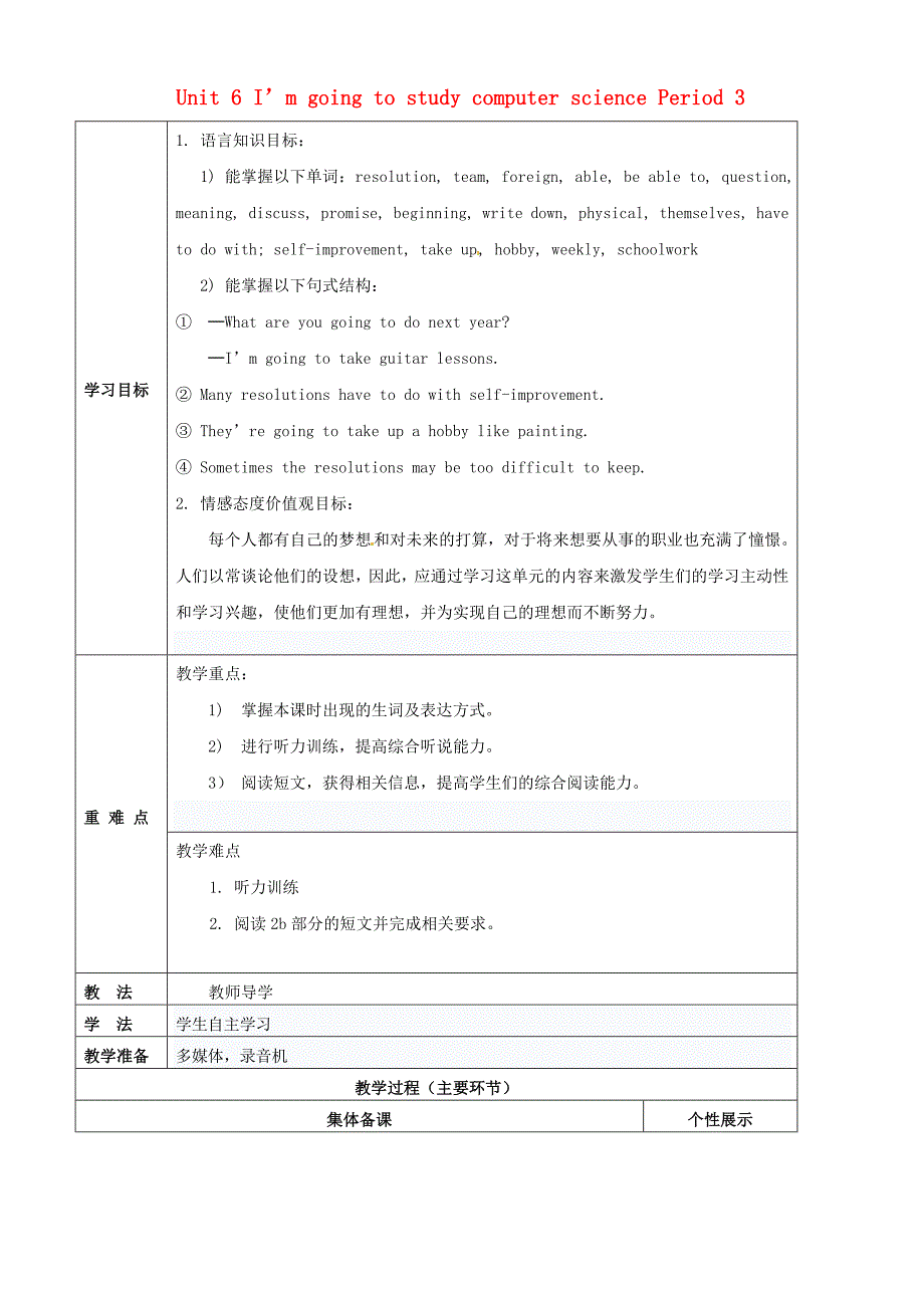 Unit6ImgoingtostudycomputersciencePeriod3教学案无答案新版人教新目标版_第1页