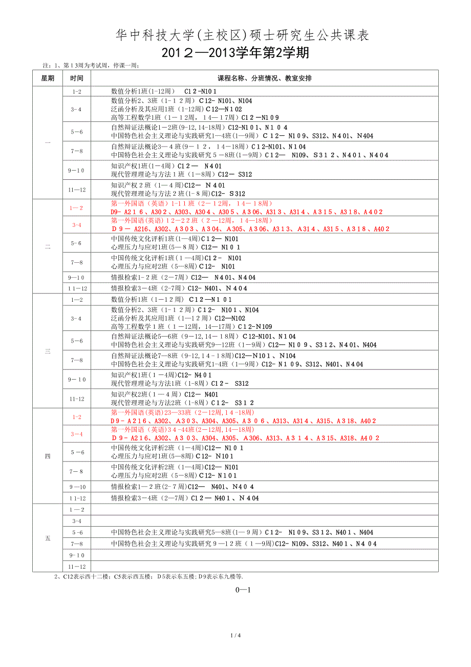 12012-2013学年第2学期公共课课表_第1页