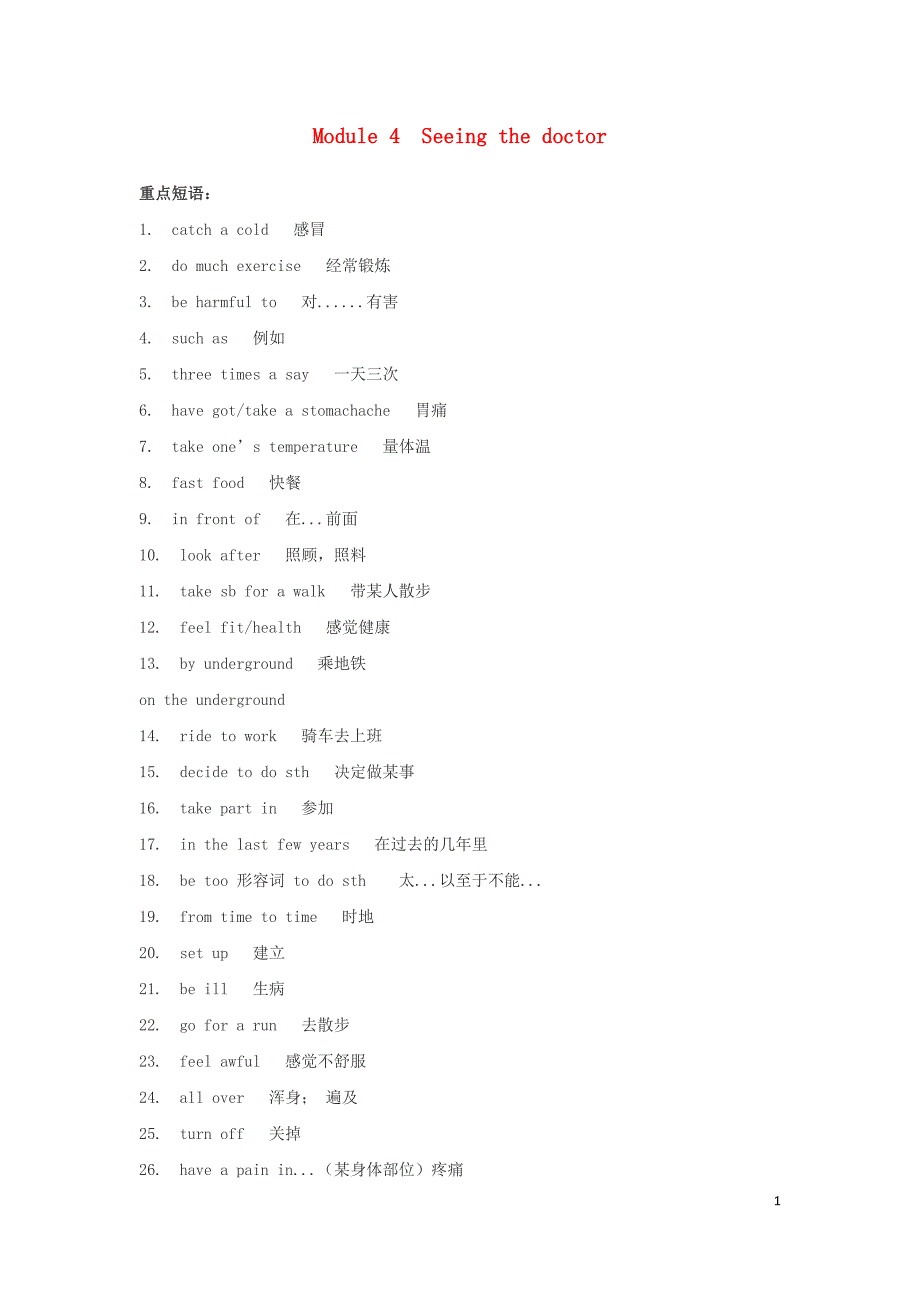 八年级英语下册 Module 4 Seeing the doctor重点短语和重点语法 （新版）外研版_第1页