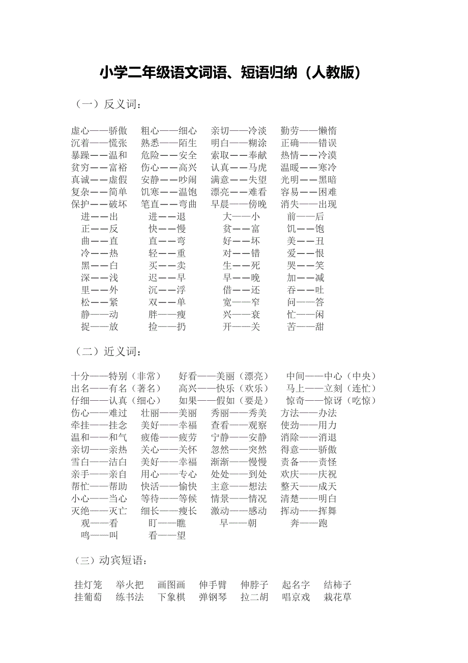 小学二年级语文词语、短语归纳人教版_第1页