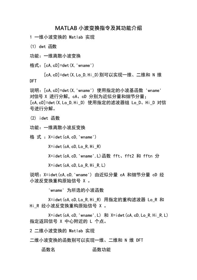MATLAB小波变换指令及其功能介绍(超级有用)(最新整理)