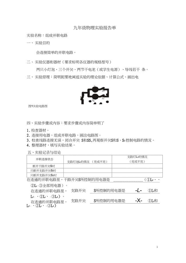 九年级物理实验报告