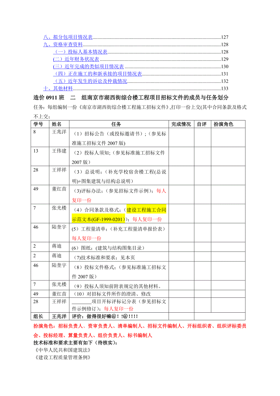 班-组南京市湖西街综合楼工程施工项目招标文件的成员与任务划分.doc_第2页