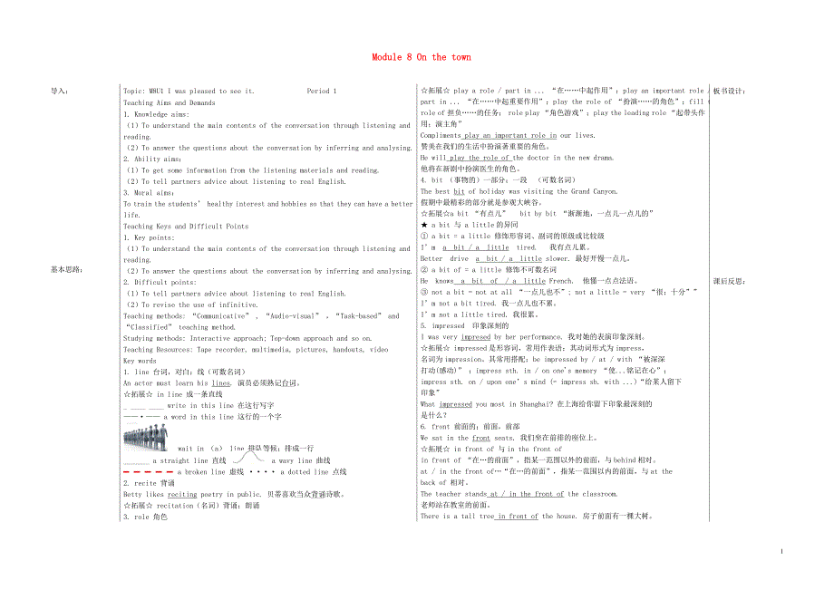 九年级英语下册 Module 8 On the town Unit 1 I was pleased to see it教案1 外研版_第1页