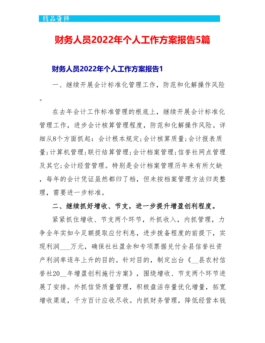 财务人员2022年个人工作计划报告5篇_第1页