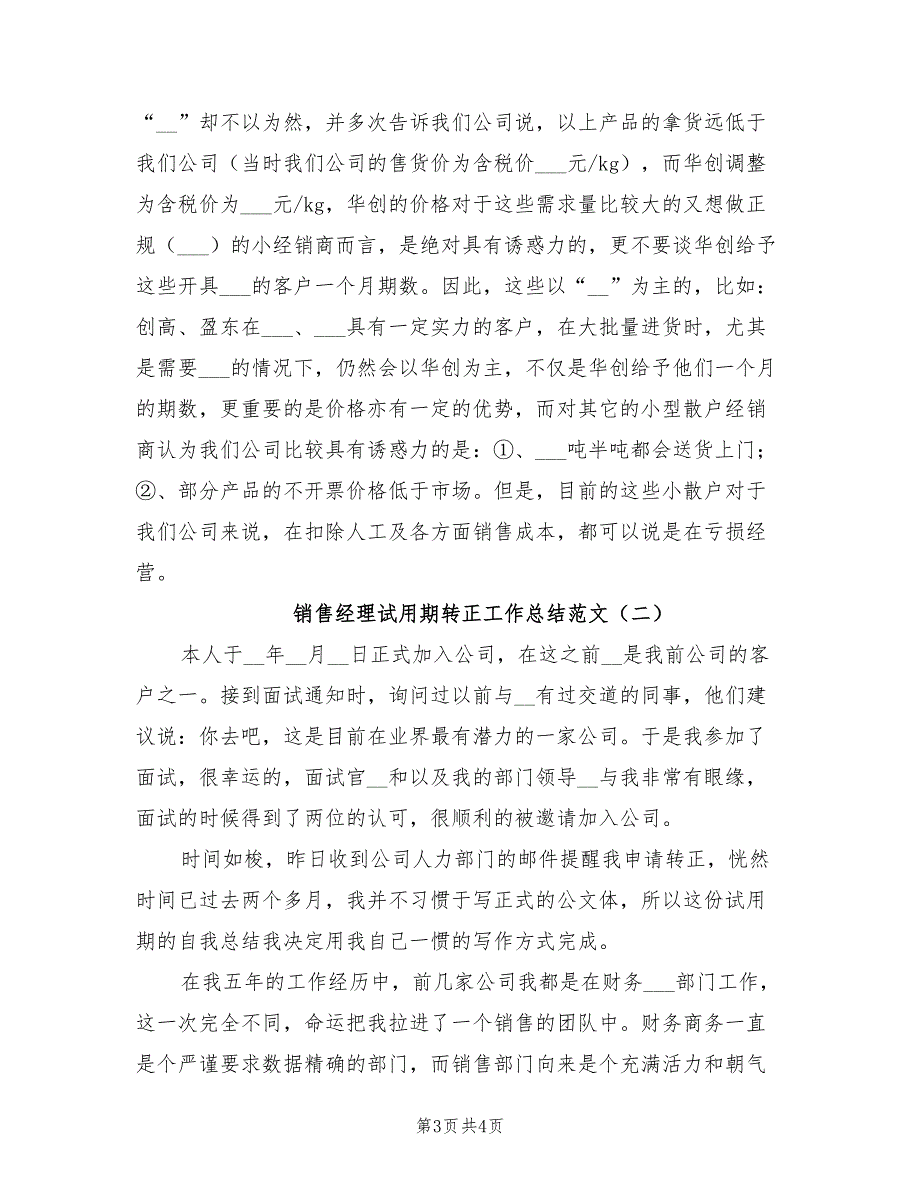 2022年销售经理试用期转正工作总结范文_第3页