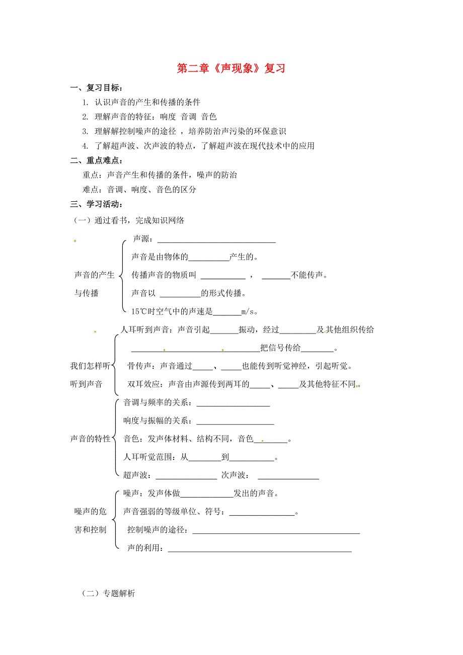 山东省茌平县洪屯中学八年级物理上册第二章《声现象》复习学案_第1页