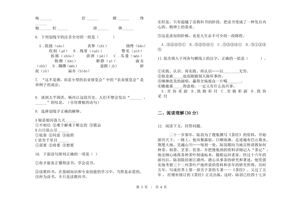 专题复习测试小学语文小升初模拟试卷IV卷.docx_第3页