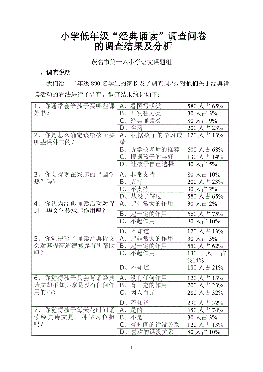 低年级报告经典诵读调查分析总结及调查表_第1页