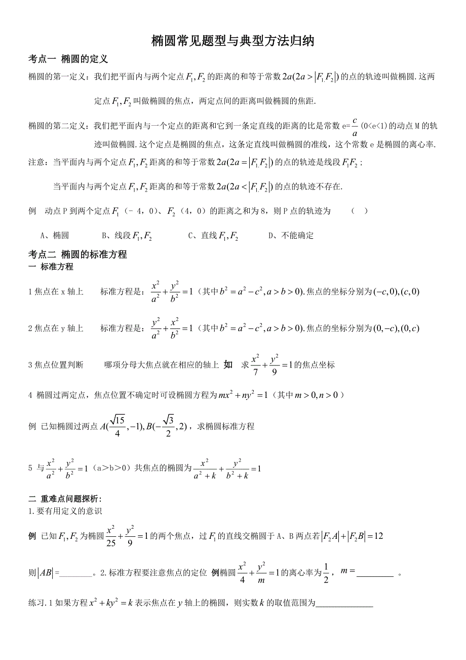 椭圆常见题型与典型方法归纳_第1页