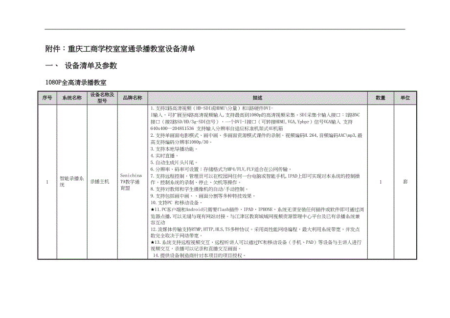 重庆XX学校室室通录播教室设备明细清单明细及参数(DOC 6页)_第1页