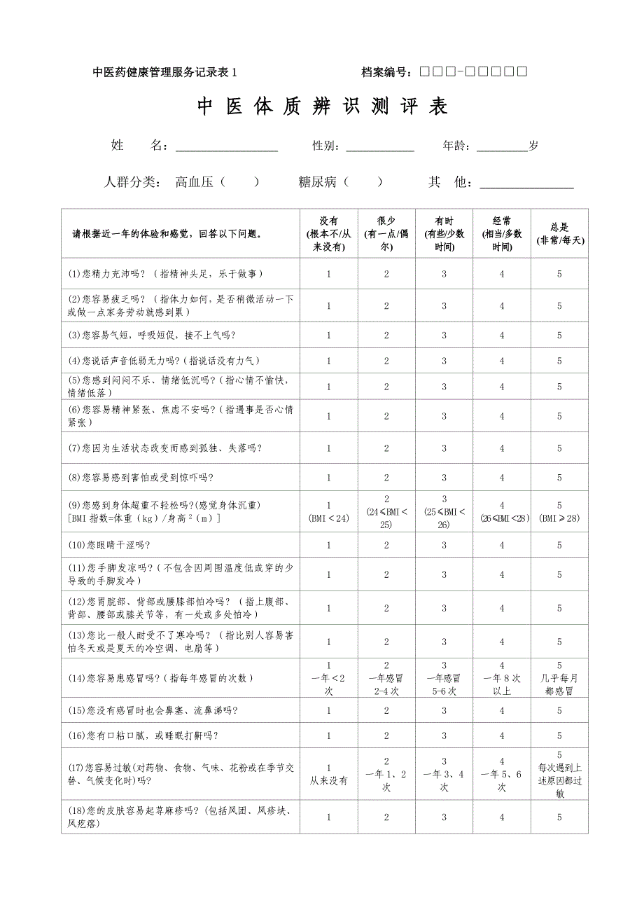 糖尿病患者中医药健康管理服务记录表_第1页