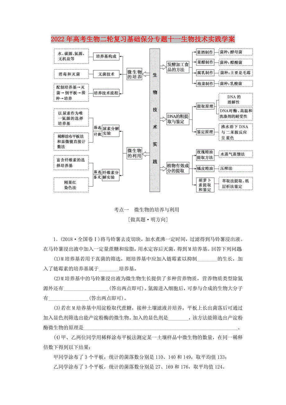 2022年高考生物二轮复习基础保分专题十一生物技术实践学案_第1页