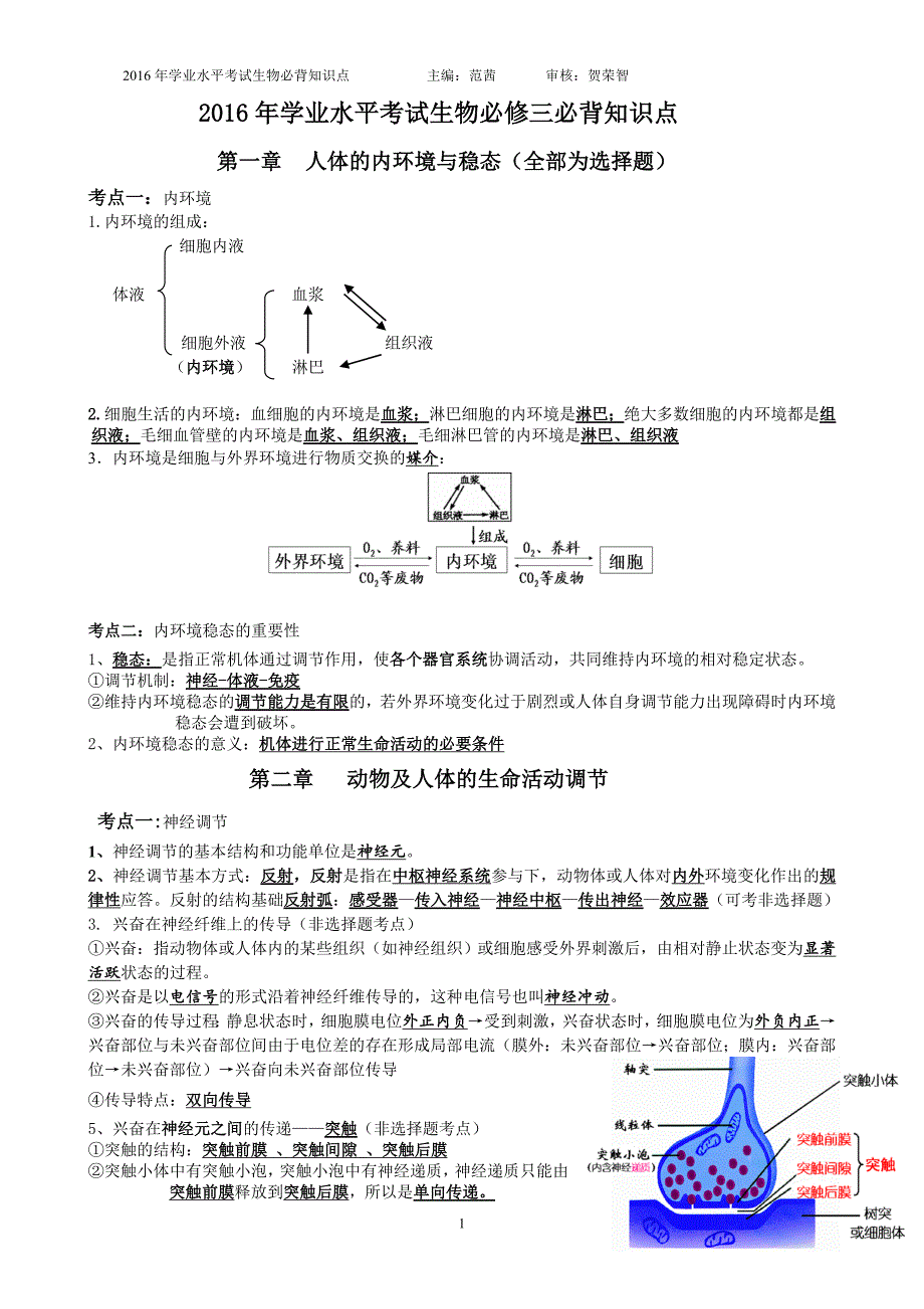 高中生物学业水平考试必修三复习必背知识点;_第1页