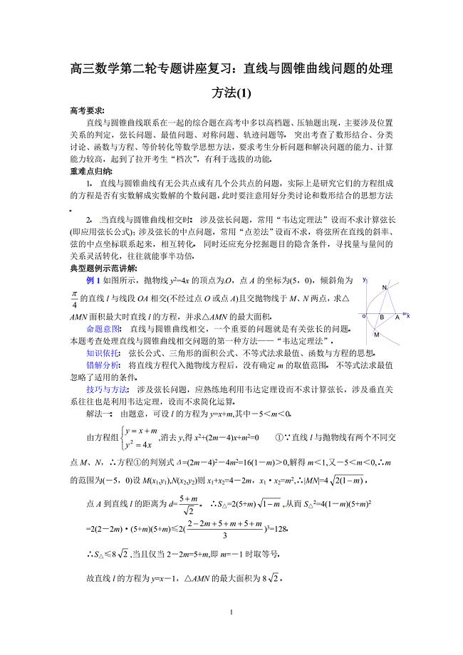 高三数学第二轮专题讲座复习：直线与圆锥曲线问题的处理方法(1).doc