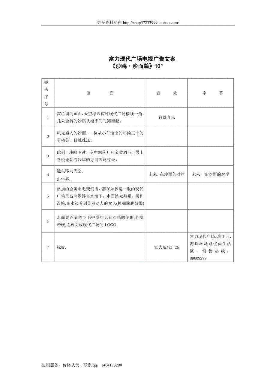 富力现代广场电视广告文案沙鸥篇脚本文案_第1页