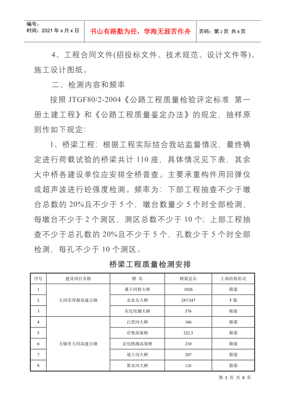 晋交质字【XXXX】97号关于XXXX年高速公路通车项目桥梁隧道检测的通知_第2页