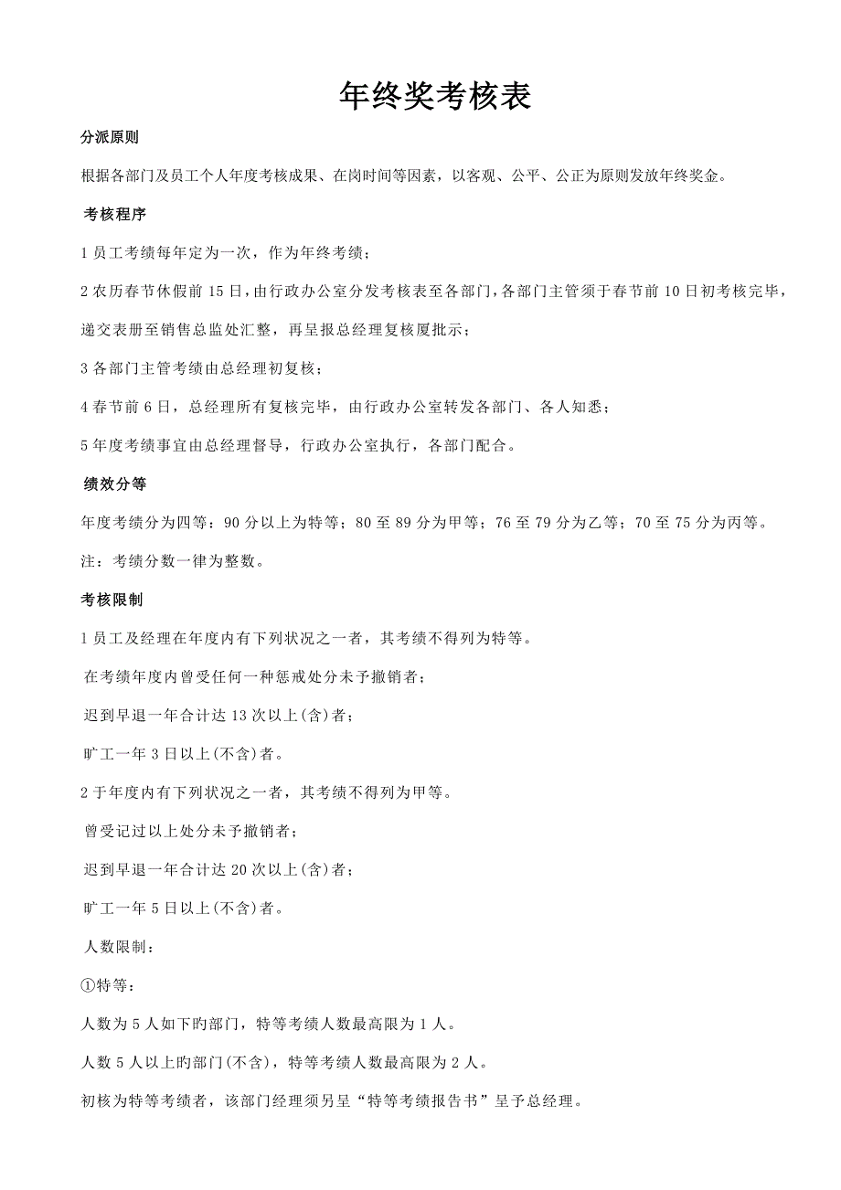 年终奖分配专题方案及年度绩效考评表_第1页