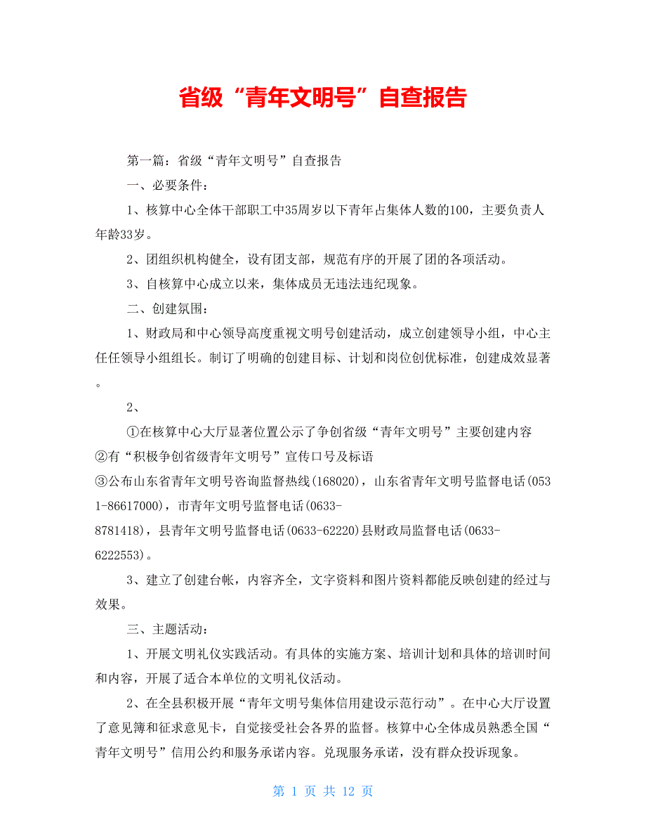 省级“青年文明号”自查报告_第1页