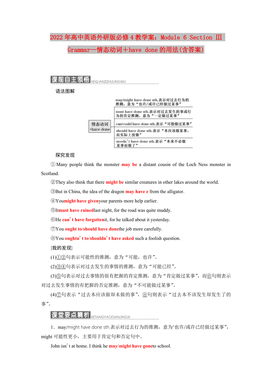 2022年高中英语外研版必修4教学案：Module 6 Section Ⅲ Grammar—情态动词＋have done的用法(含答案)_第1页