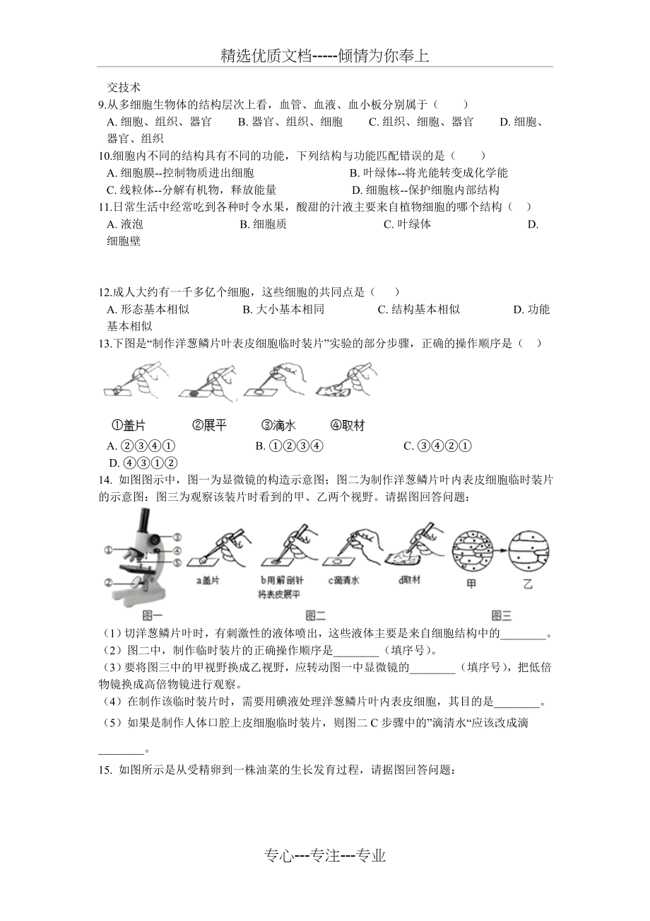 第二单元：生物体的结构层次(复习题)_第4页