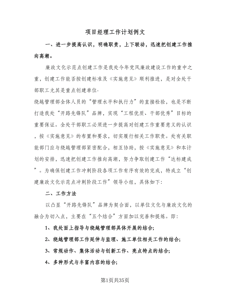 项目经理工作计划例文（九篇）.doc_第1页