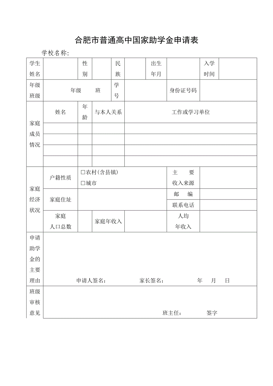 合肥市普通高中国家助学金申请表_第1页