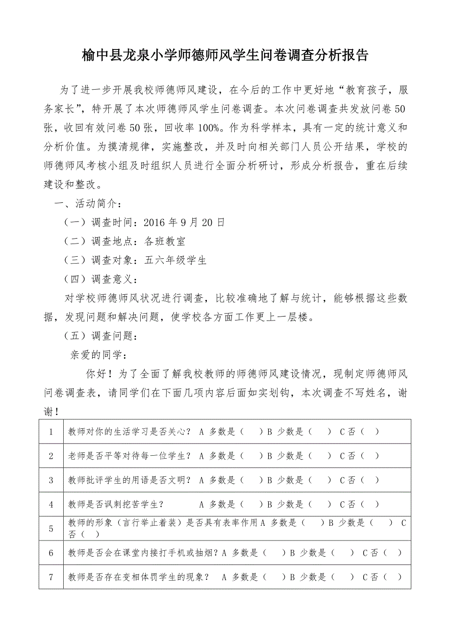 师德师风学生问卷调查表分析报告_第1页