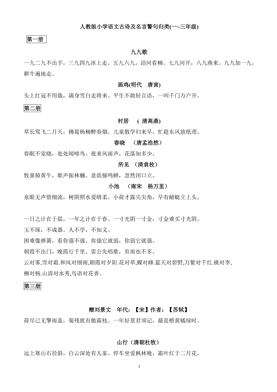 人教版小学语文古诗及名言警句归类_第1页