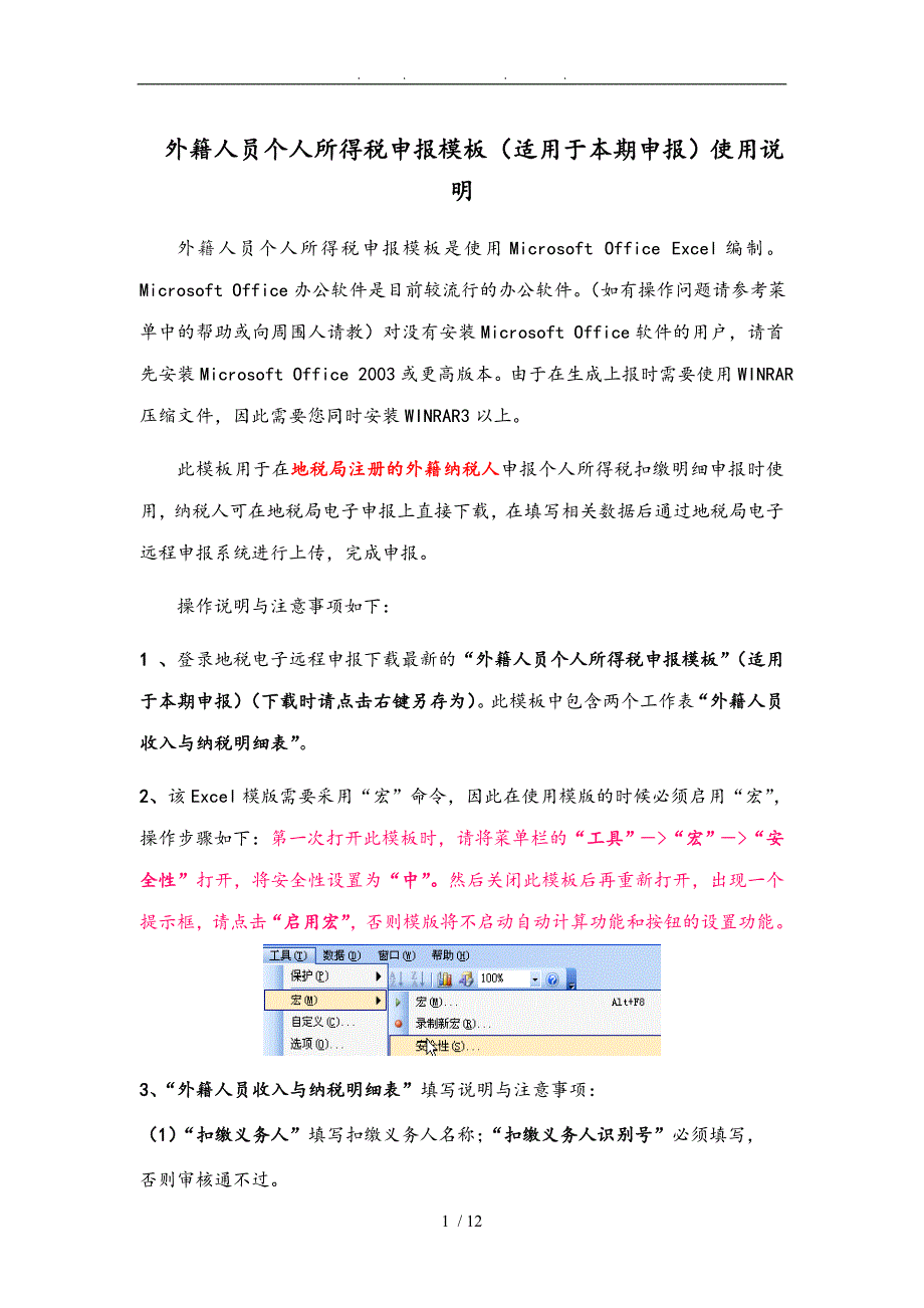 外籍人员个人所得税申报模板使用说明_第1页