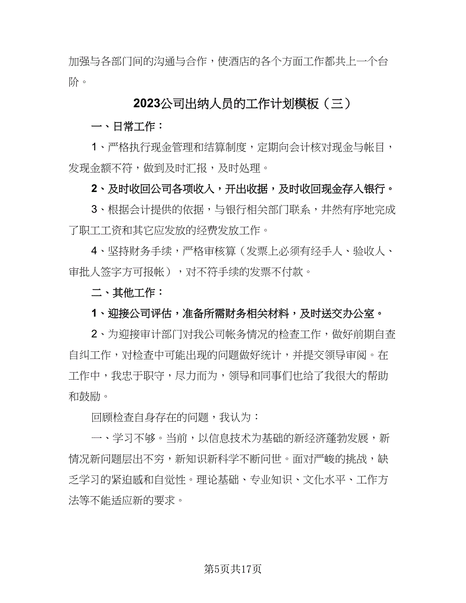 2023公司出纳人员的工作计划模板（八篇）.doc_第5页