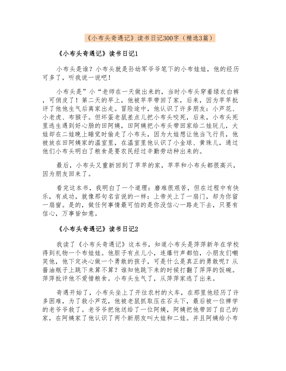 《小布头奇遇记》读书日记300字(精选3篇)_第1页