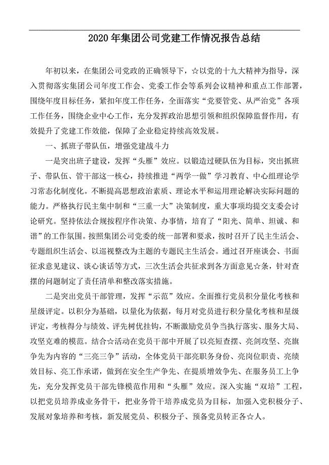 2020年集团公司党建工作情况报告总结