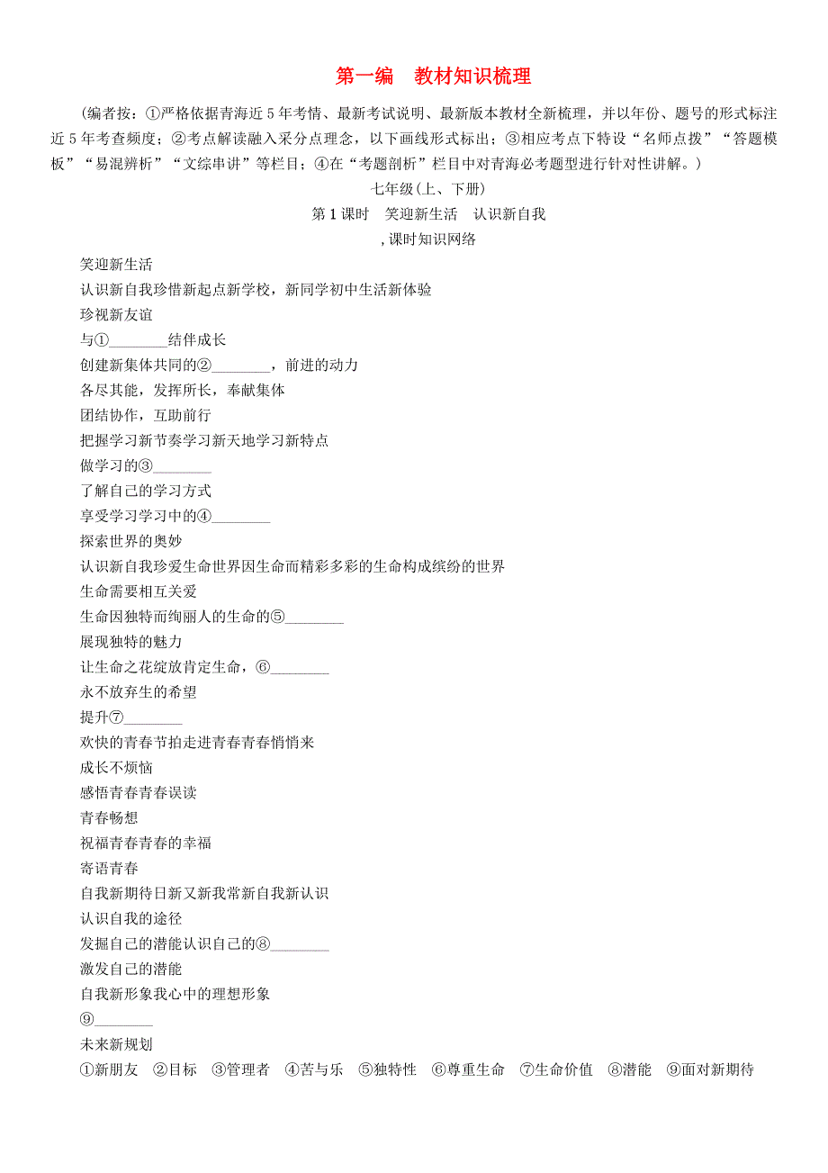 中考政治总复习 第一篇 教材知识梳理 第一单元 笑迎新生活 认识新自我（第1课时 笑迎新生活 认识新自我）_第1页