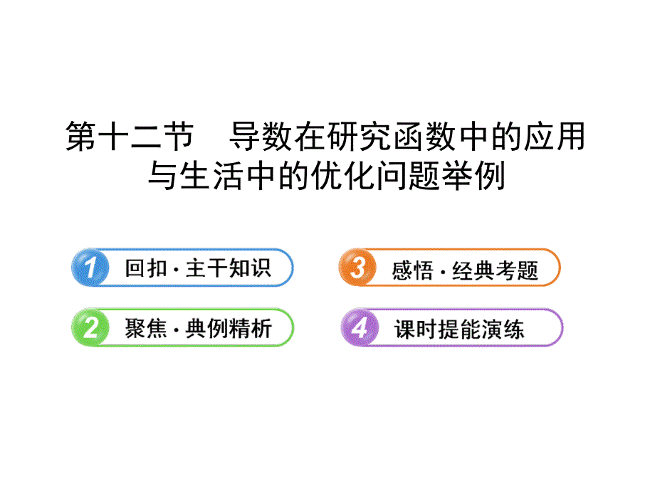 最新高考数学一轮复习精品配套课件：2.12导数在研究函数中的应用与生活中的优化问题举例人教A版数学理福建专用._第1页