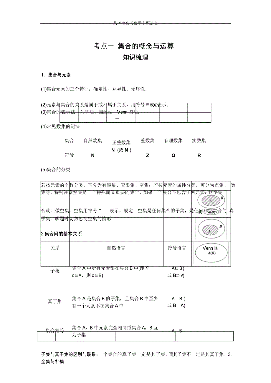 艺术生高考数学专题讲义：考点1 集合的概念与运算_第1页