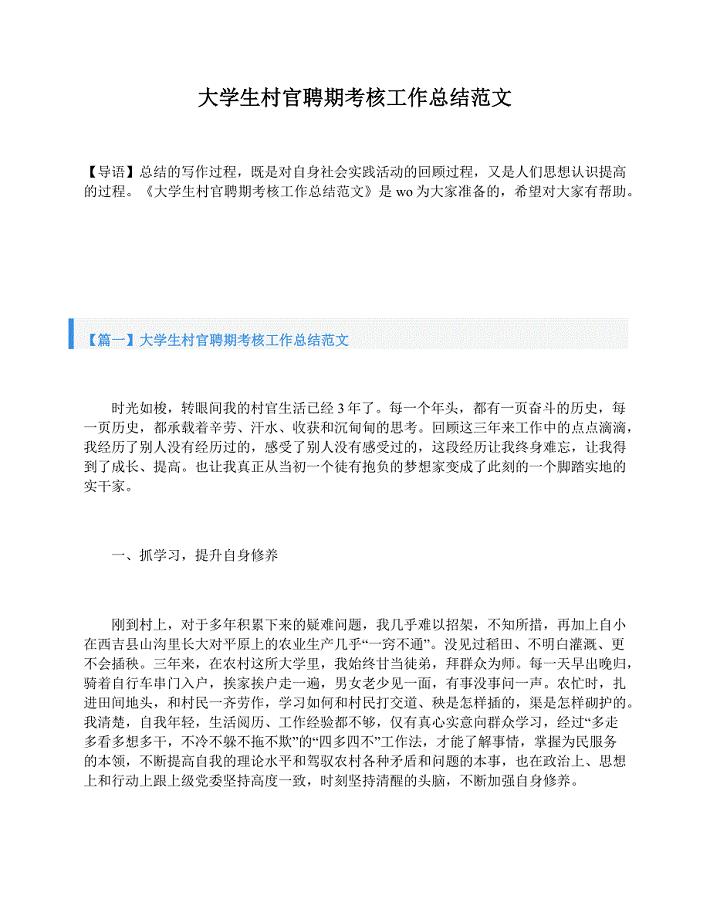 大学生村官聘期考核工作总结范文