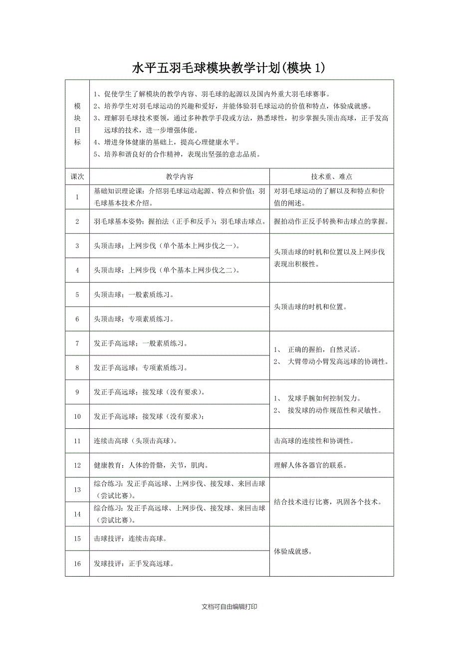 水平五羽毛球模块教学计划_第2页