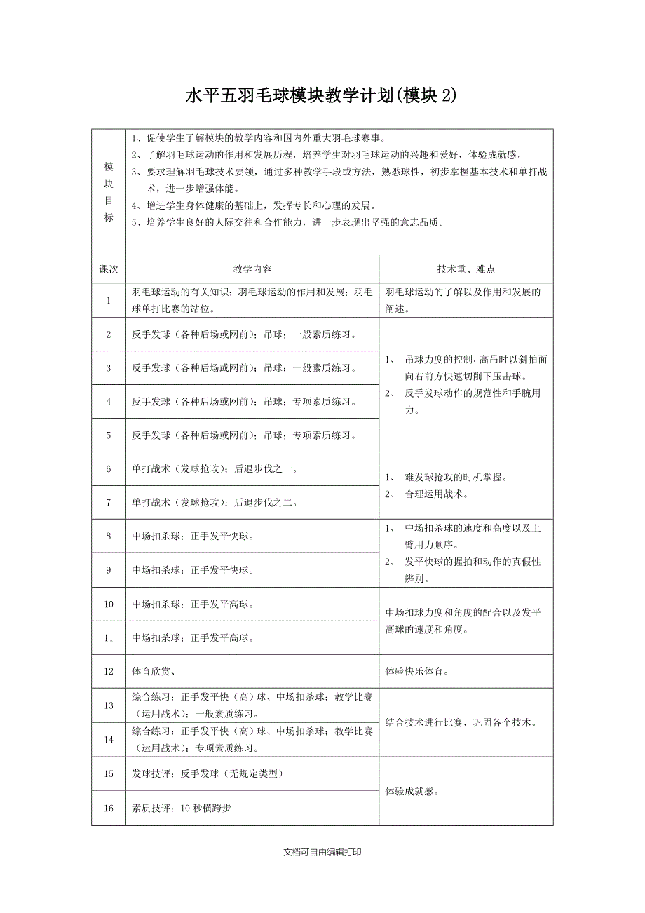 水平五羽毛球模块教学计划_第3页