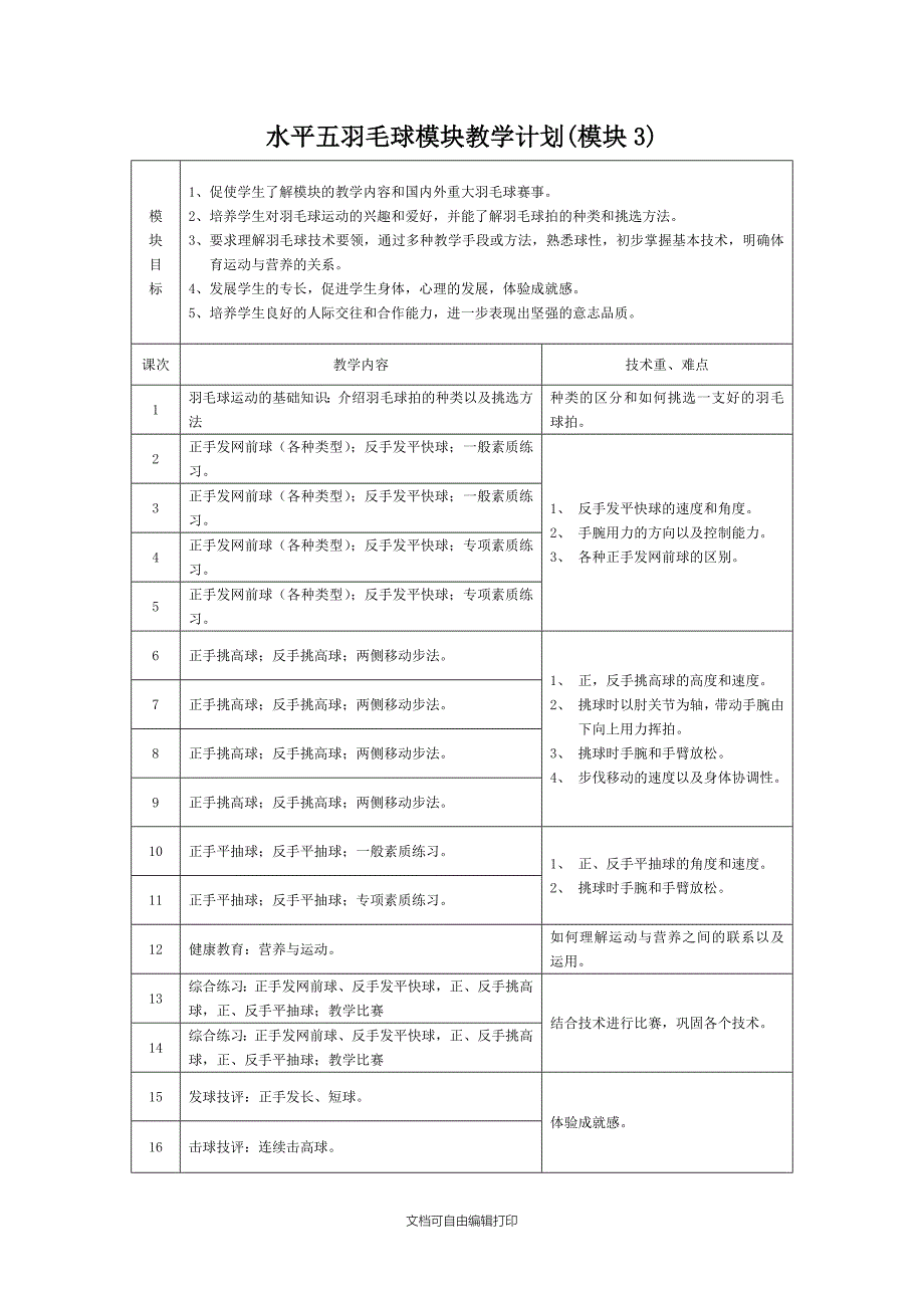 水平五羽毛球模块教学计划_第4页