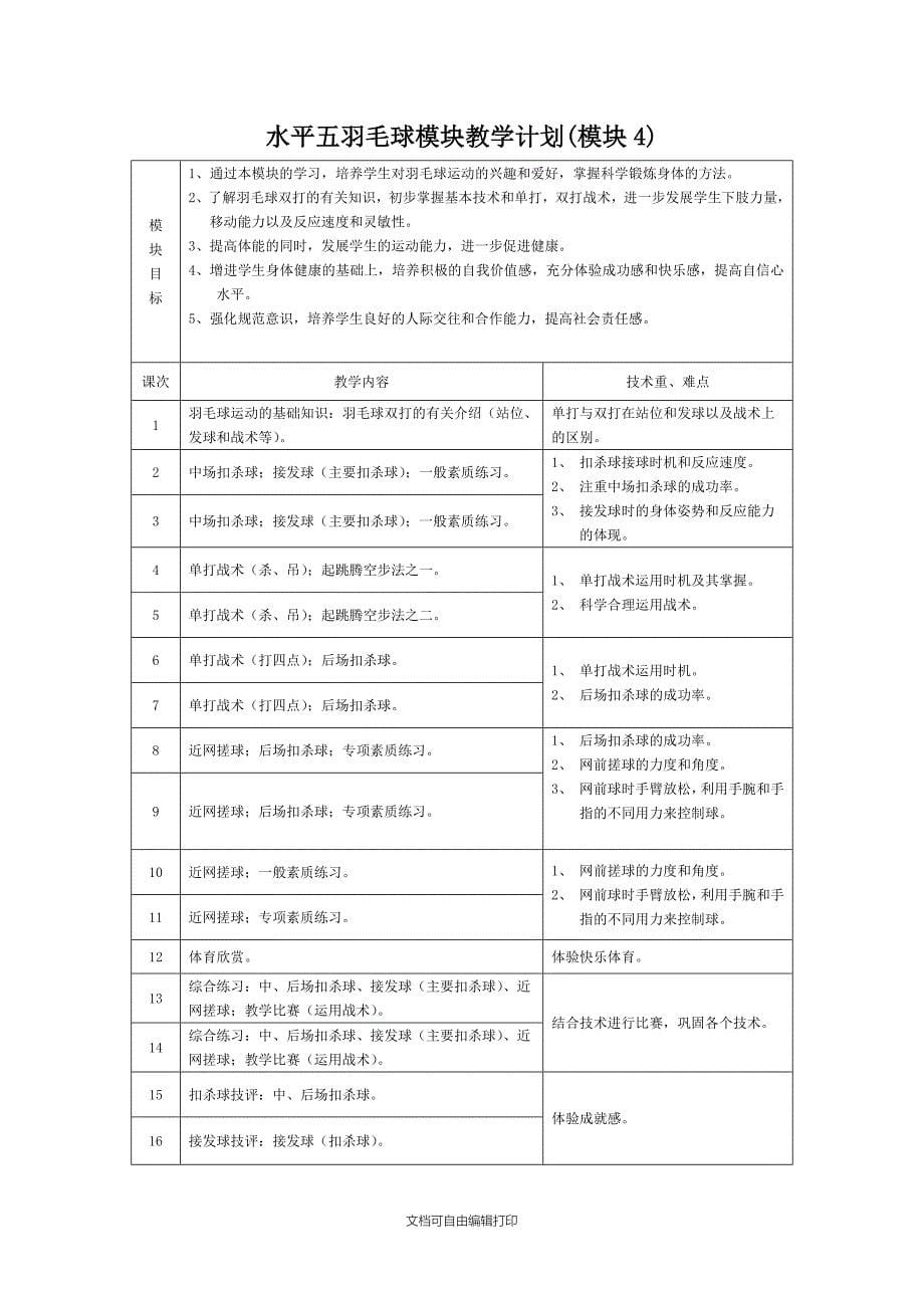 水平五羽毛球模块教学计划_第5页