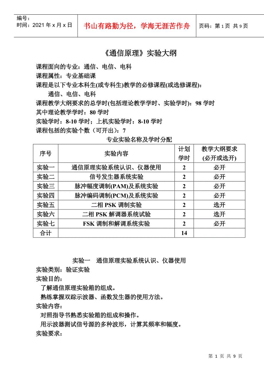 《通信原理》实验大纲课程面向的专业：通信、电信、电科课程_第1页