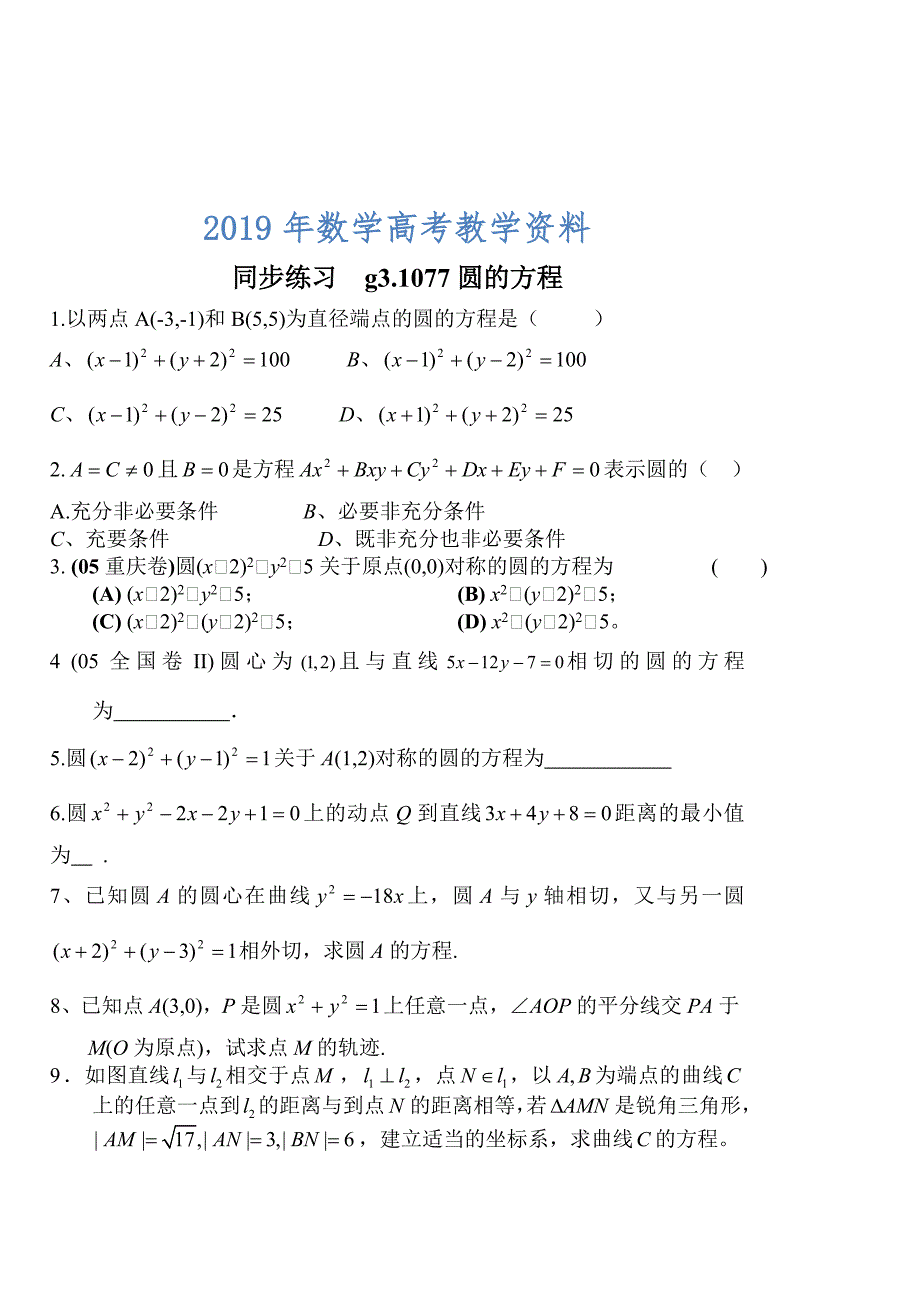 高考数学第一轮总复习100讲 同步练习第77圆的方程_第1页