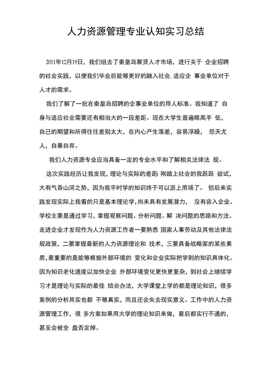 人力资源管理专业认知实习总结_第1页